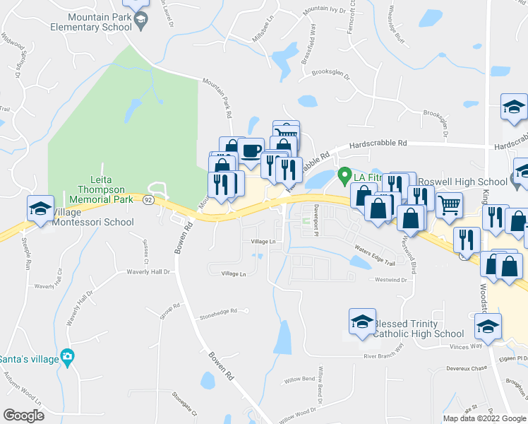 map of restaurants, bars, coffee shops, grocery stores, and more near 1172-1212 Woodstock Road in Roswell