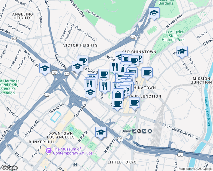 map of restaurants, bars, coffee shops, grocery stores, and more near 715-721 Yale Street in Los Angeles