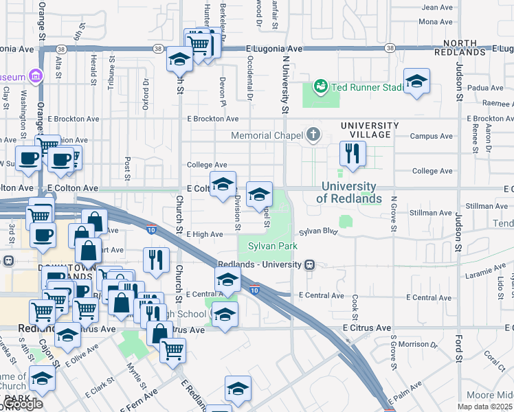 map of restaurants, bars, coffee shops, grocery stores, and more near 919 Stillman Avenue in Redlands