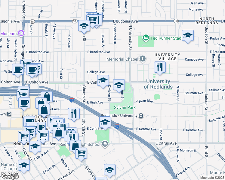 map of restaurants, bars, coffee shops, grocery stores, and more near 919 Stillman Avenue in Redlands