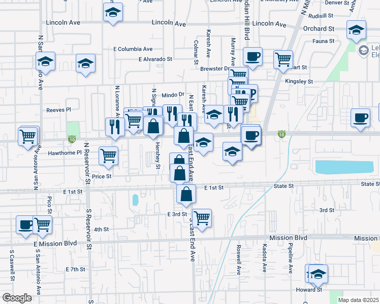 map of restaurants, bars, coffee shops, grocery stores, and more near 393 North East End Avenue in Pomona
