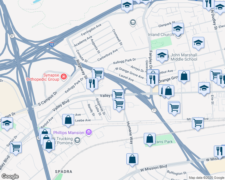map of restaurants, bars, coffee shops, grocery stores, and more near 2257 Valley Boulevard in Pomona