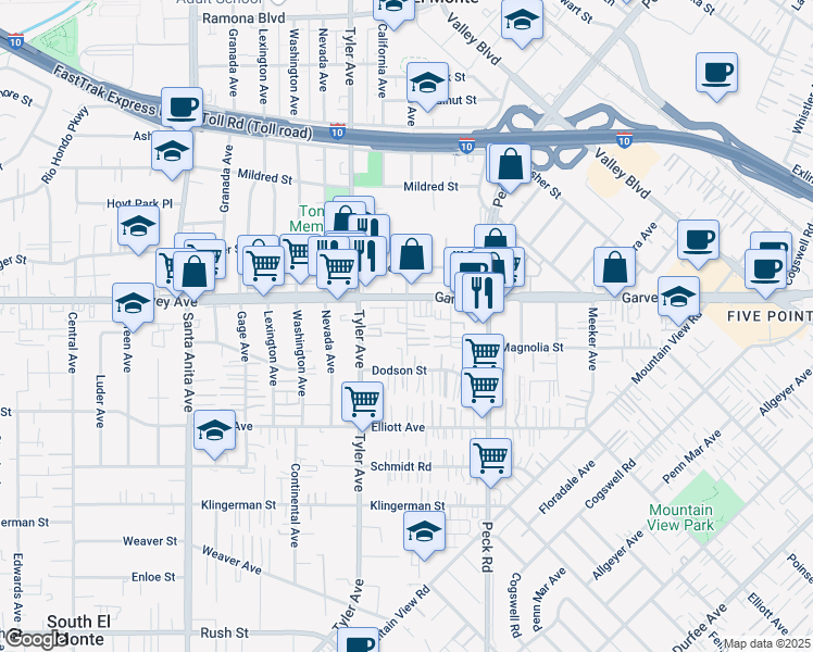 map of restaurants, bars, coffee shops, grocery stores, and more near 2828 Consol Avenue in El Monte