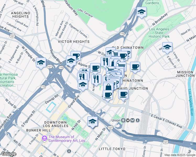 map of restaurants, bars, coffee shops, grocery stores, and more near 720 North Hill Place in Los Angeles