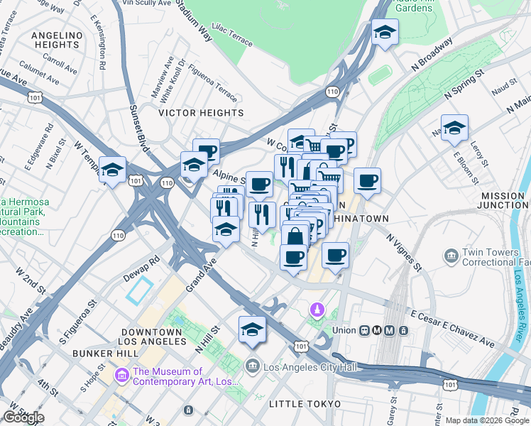 map of restaurants, bars, coffee shops, grocery stores, and more near 720 North Hill Place in Los Angeles