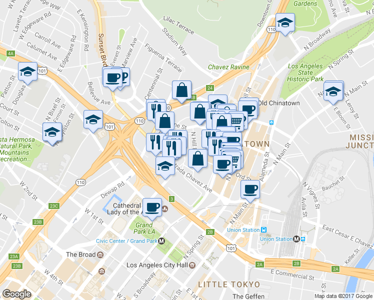 map of restaurants, bars, coffee shops, grocery stores, and more near 659 North Grand Avenue in Los Angeles