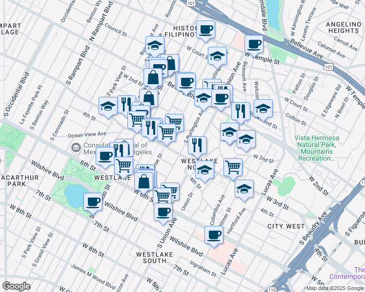 map of restaurants, bars, coffee shops, grocery stores, and more near 255 South Burlington Avenue in Los Angeles