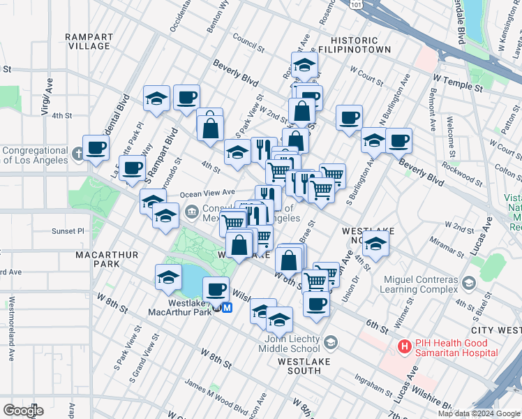 map of restaurants, bars, coffee shops, grocery stores, and more near in Los Angeles