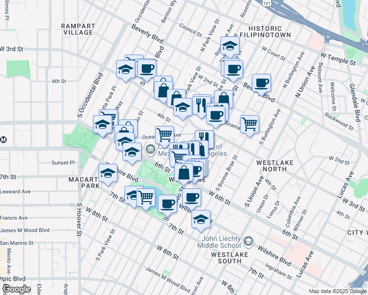 map of restaurants, bars, coffee shops, grocery stores, and more near 433 South Lake Street in Los Angeles