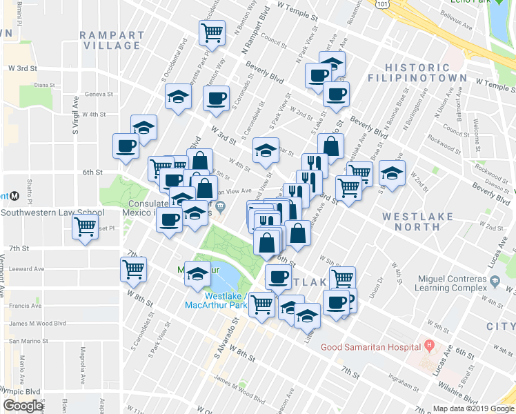 map of restaurants, bars, coffee shops, grocery stores, and more near 433 South Lake Street in Los Angeles