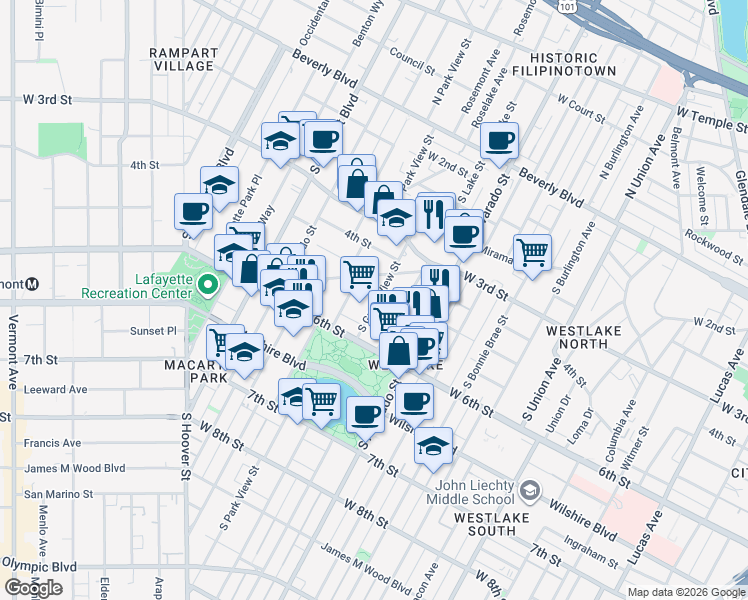 map of restaurants, bars, coffee shops, grocery stores, and more near 437 South Grand View Street in Los Angeles