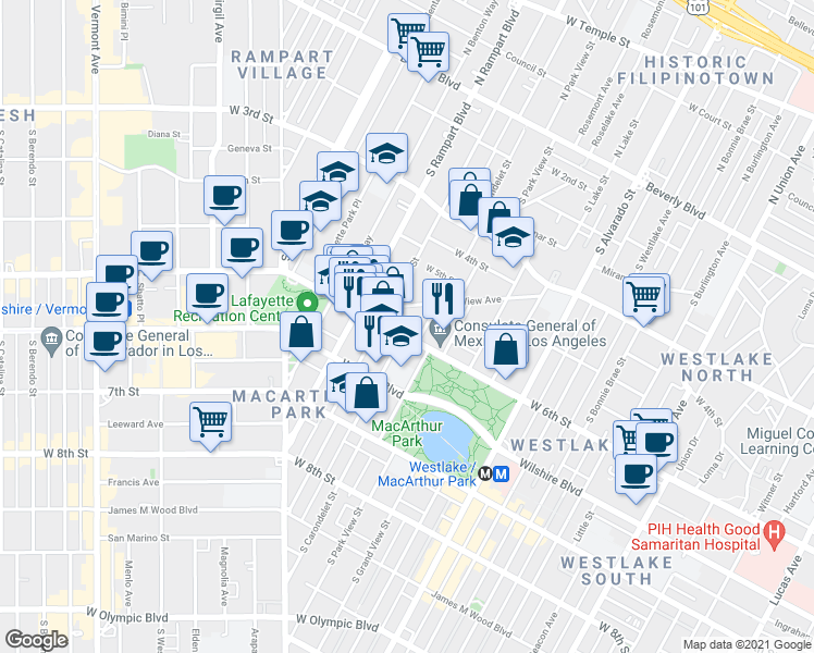 map of restaurants, bars, coffee shops, grocery stores, and more near in Los Angeles