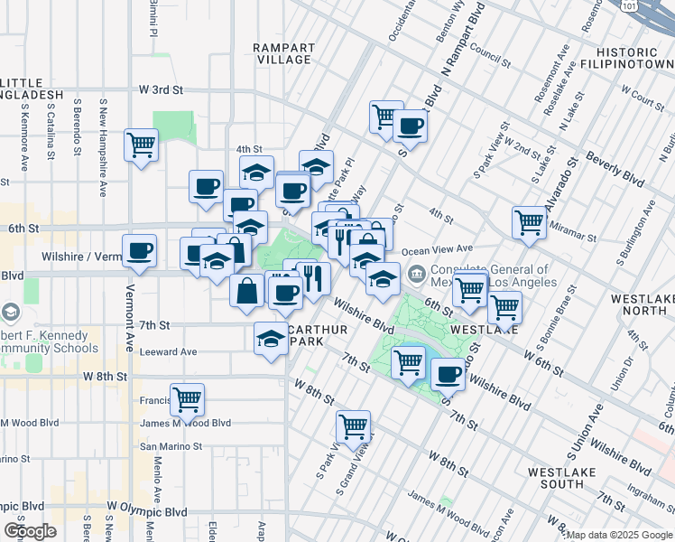 map of restaurants, bars, coffee shops, grocery stores, and more near 600 South La Fayette Park Place in Los Angeles