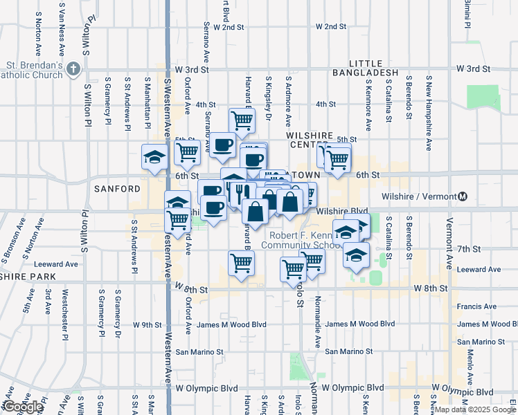 map of restaurants, bars, coffee shops, grocery stores, and more near 3621 Wilshire Boulevard in Los Angeles