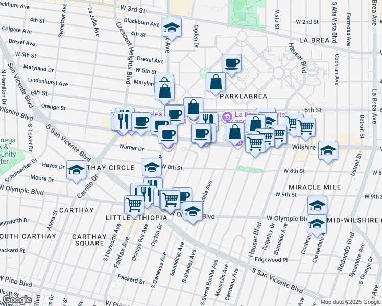 map of restaurants, bars, coffee shops, grocery stores, and more near 720 South Genesee Avenue in Los Angeles