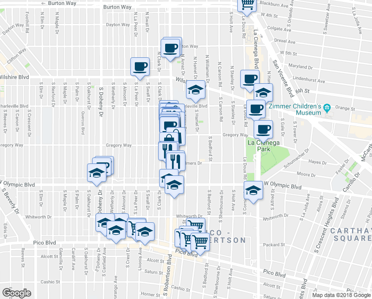 map of restaurants, bars, coffee shops, grocery stores, and more near 822 South Robertson Boulevard in Los Angeles