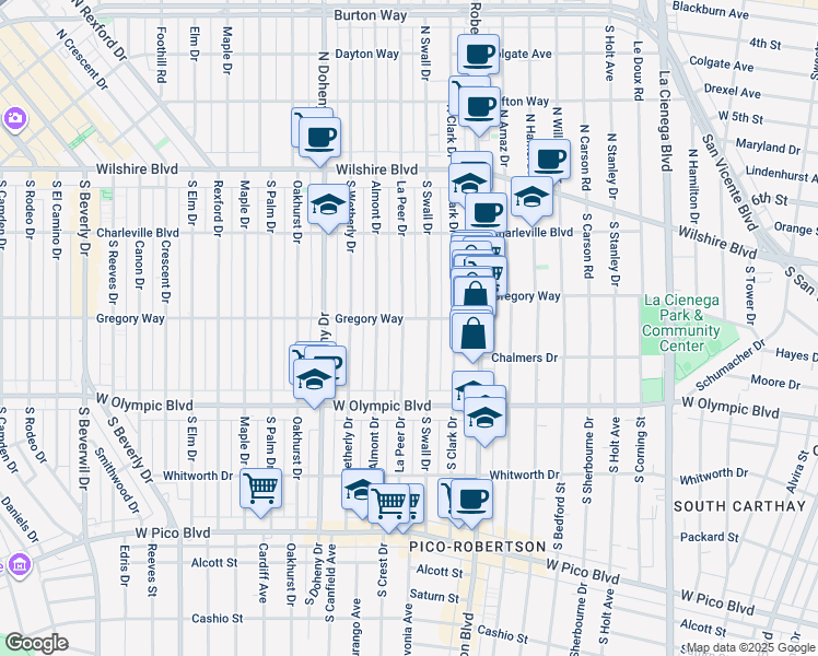 map of restaurants, bars, coffee shops, grocery stores, and more near in Beverly Hills