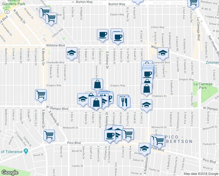 map of restaurants, bars, coffee shops, grocery stores, and more near 301 South Wetherly Drive in Beverly Hills