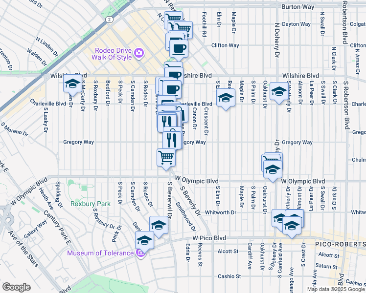 map of restaurants, bars, coffee shops, grocery stores, and more near 304 South Reeves Drive in Beverly Hills