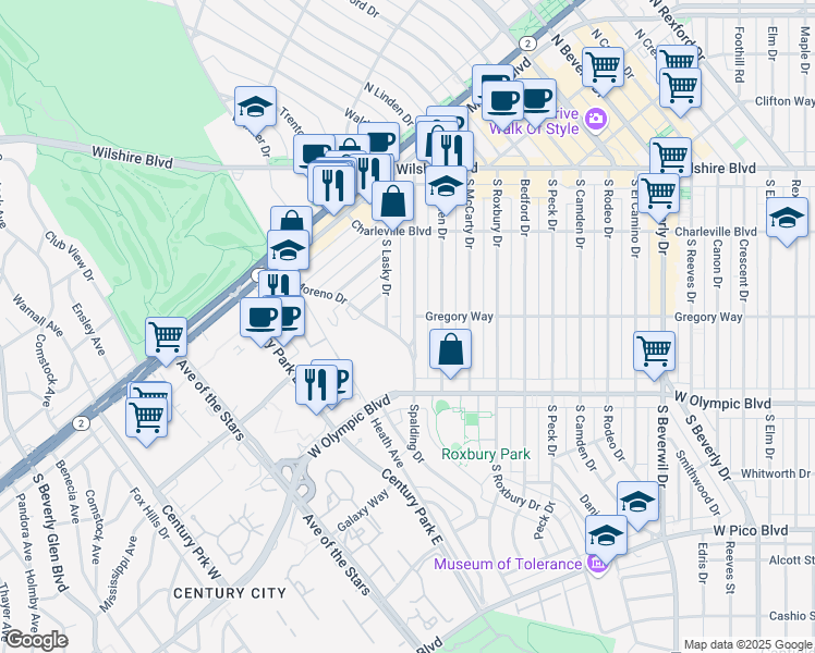 map of restaurants, bars, coffee shops, grocery stores, and more near 9754 Gregory Way in Beverly Hills