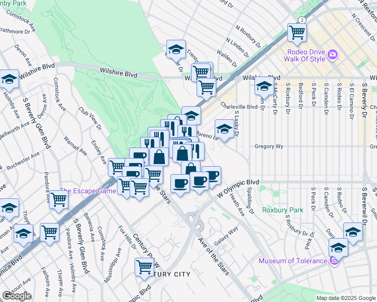 map of restaurants, bars, coffee shops, grocery stores, and more near 1880 Century Park East in Los Angeles