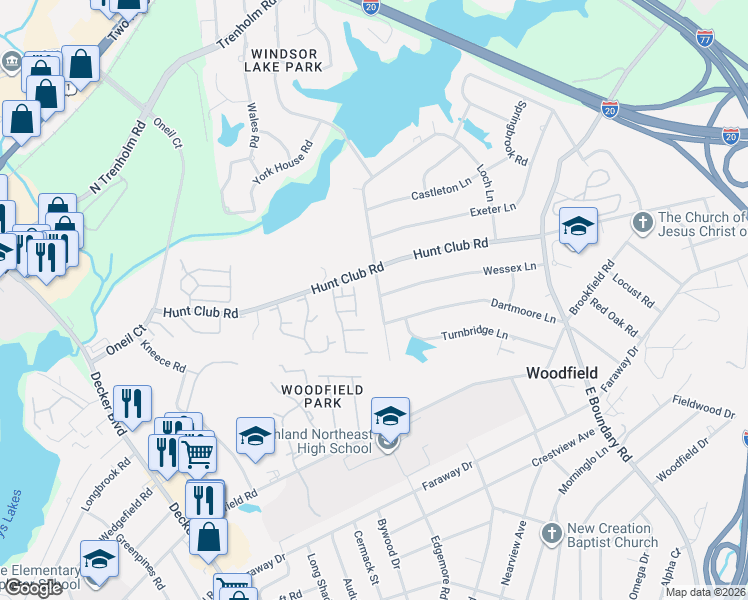map of restaurants, bars, coffee shops, grocery stores, and more near 2524 Chatsworth Road in Columbia