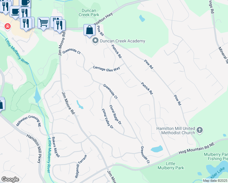 map of restaurants, bars, coffee shops, grocery stores, and more near 3855 Greenside Court in Dacula