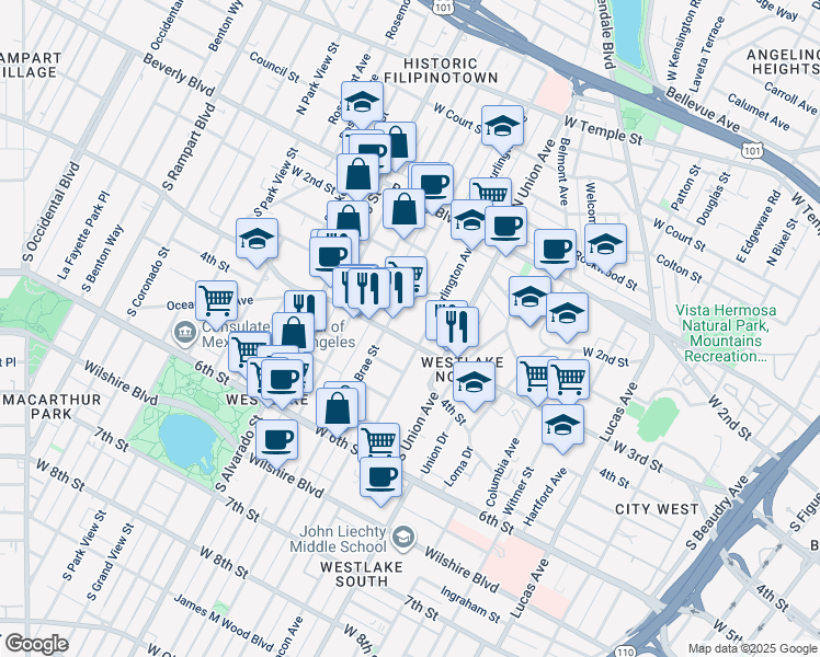 map of restaurants, bars, coffee shops, grocery stores, and more near 261s South Burlington Avenue in Los Angeles