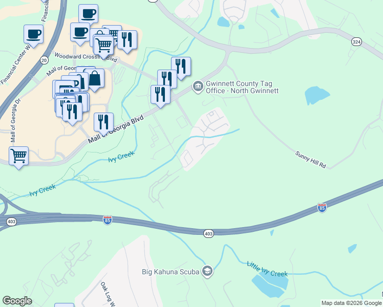 map of restaurants, bars, coffee shops, grocery stores, and more near 1951 Appaloosa Mill Circle Northeast in Buford