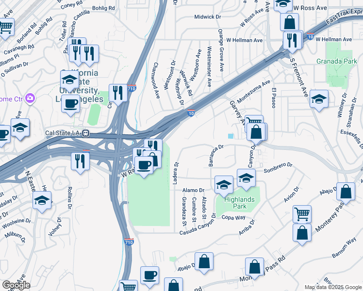 map of restaurants, bars, coffee shops, grocery stores, and more near 167 Ladera Street in Monterey Park