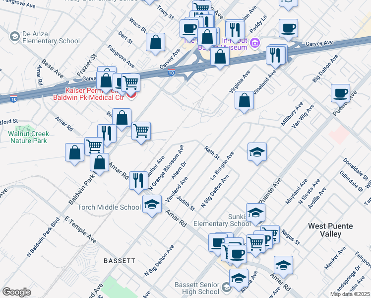 map of restaurants, bars, coffee shops, grocery stores, and more near 1046 North Orange Blossom Avenue in La Puente