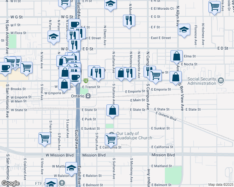 map of restaurants, bars, coffee shops, grocery stores, and more near 225 South Sultana Avenue in Ontario