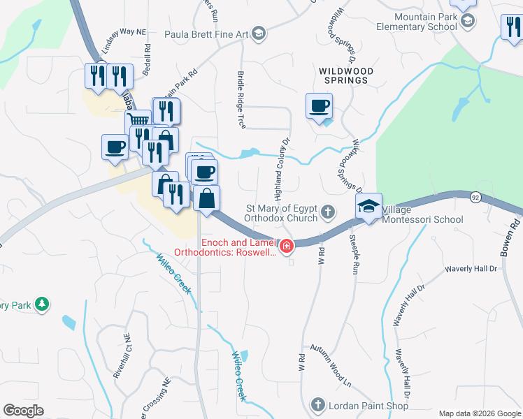 map of restaurants, bars, coffee shops, grocery stores, and more near 11565 Laurel Lake Dr in Roswell