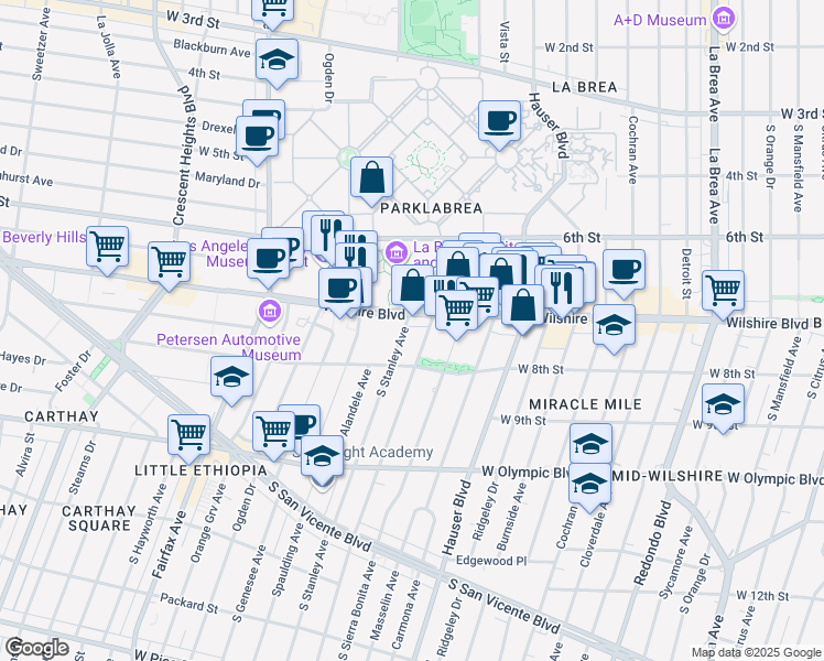 map of restaurants, bars, coffee shops, grocery stores, and more near 712 South Stanley Avenue in Los Angeles