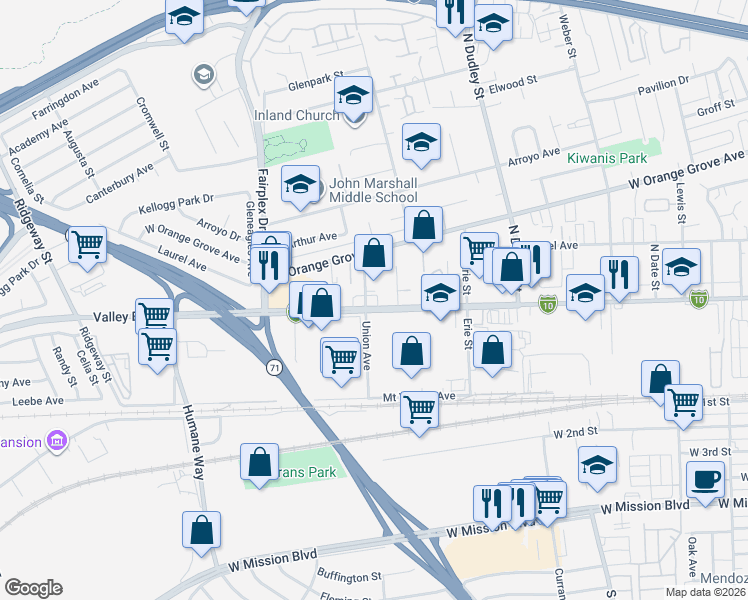 map of restaurants, bars, coffee shops, grocery stores, and more near 1875 W Holt Ave in Pomona