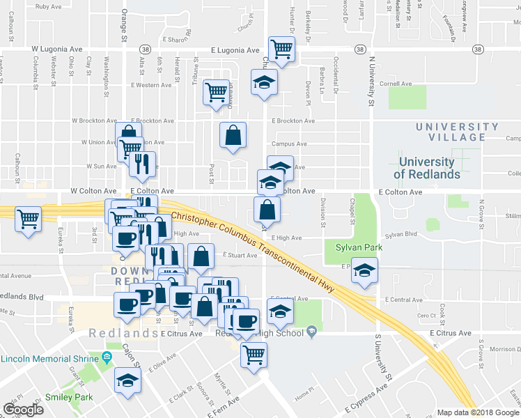 map of restaurants, bars, coffee shops, grocery stores, and more near 719 Church Street in Redlands