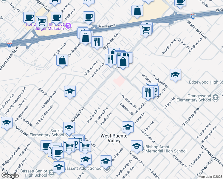map of restaurants, bars, coffee shops, grocery stores, and more near 14133 Dillerdale Street in La Puente