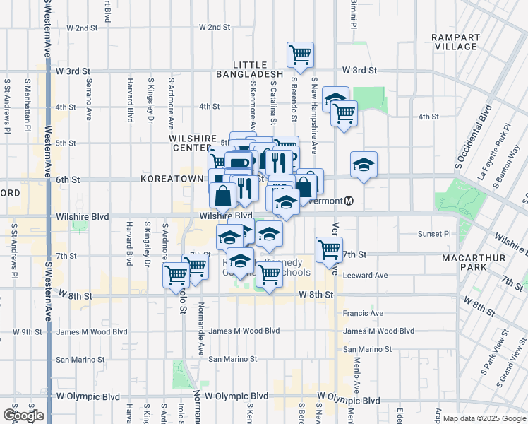 map of restaurants, bars, coffee shops, grocery stores, and more near 3341 Wilshire Blvd in Los Angeles