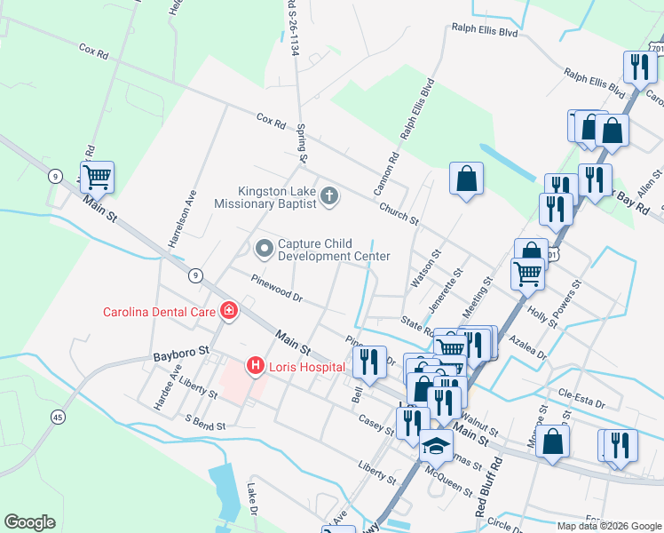 map of restaurants, bars, coffee shops, grocery stores, and more near 4491 Stevens Street in Loris