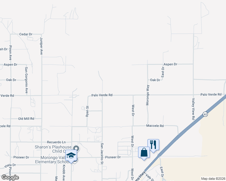 map of restaurants, bars, coffee shops, grocery stores, and more near 49774 Palo Verde Road in Morongo Valley