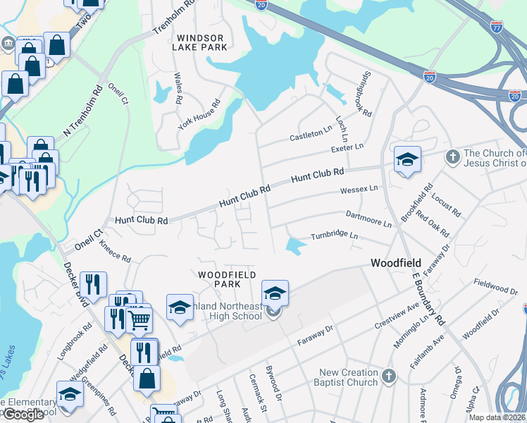 map of restaurants, bars, coffee shops, grocery stores, and more near 2524 Chatsworth Road in Columbia