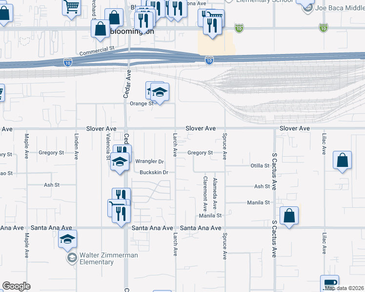 map of restaurants, bars, coffee shops, grocery stores, and more near 10573 Larch Avenue in Bloomington
