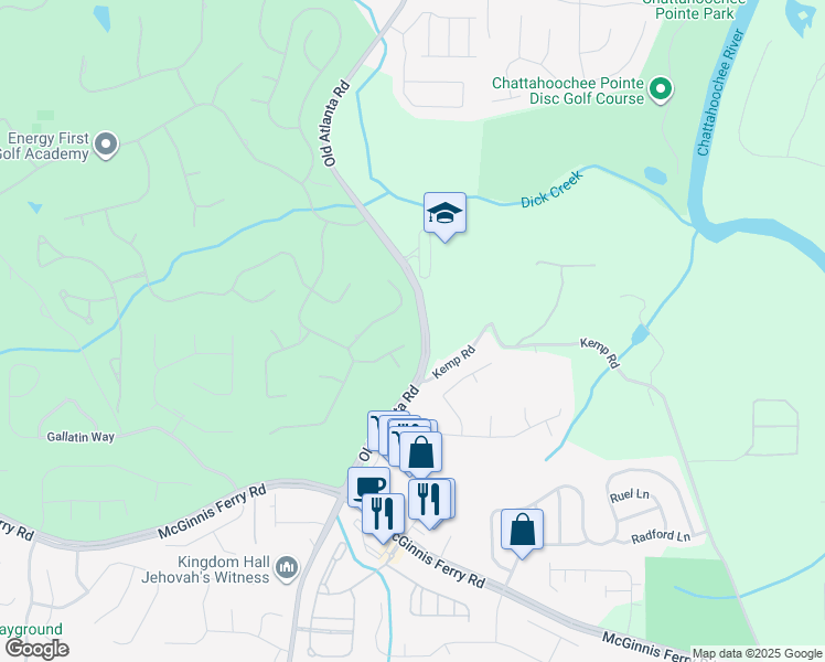 map of restaurants, bars, coffee shops, grocery stores, and more near 8935 Muirfield Court in Duluth