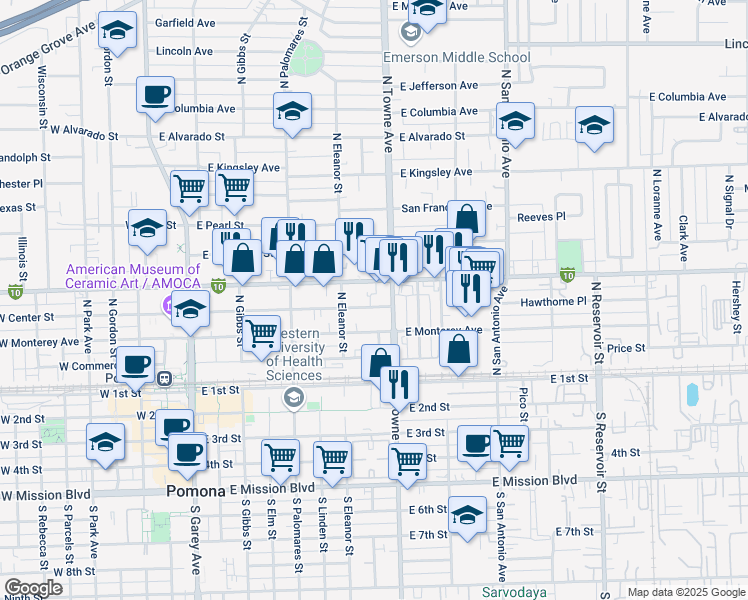 map of restaurants, bars, coffee shops, grocery stores, and more near 463 East Center Street in Pomona