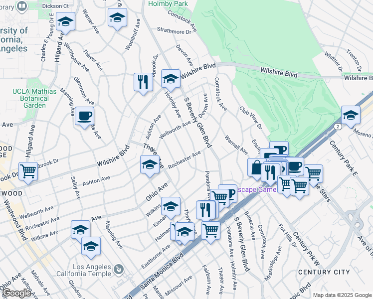 map of restaurants, bars, coffee shops, grocery stores, and more near 1358 Woodruff Avenue in Los Angeles