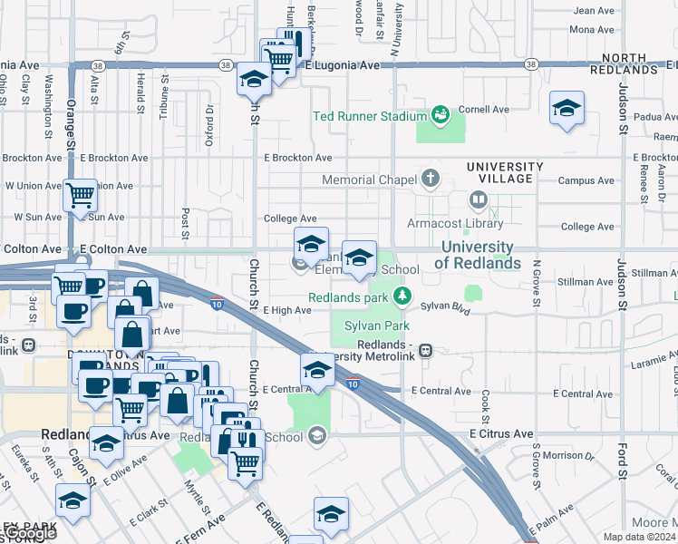 map of restaurants, bars, coffee shops, grocery stores, and more near 909 Stillman Avenue in Redlands