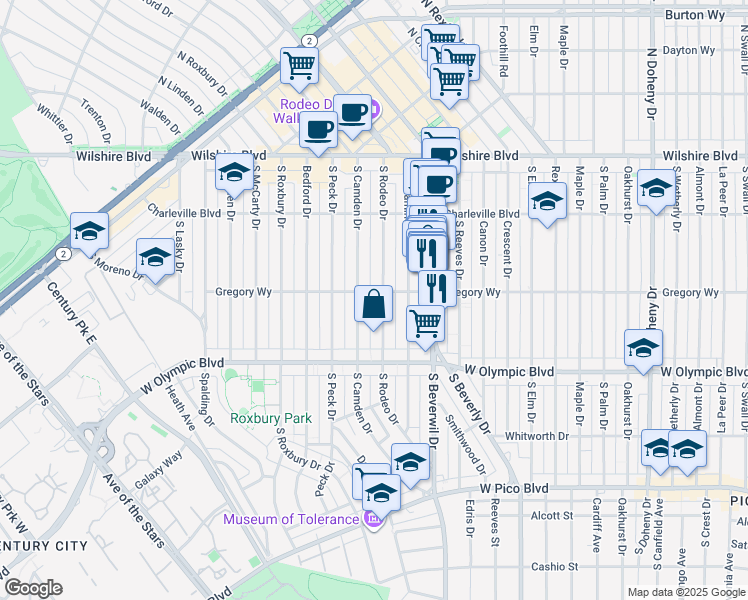 map of restaurants, bars, coffee shops, grocery stores, and more near 305 South Rodeo Drive in Beverly Hills