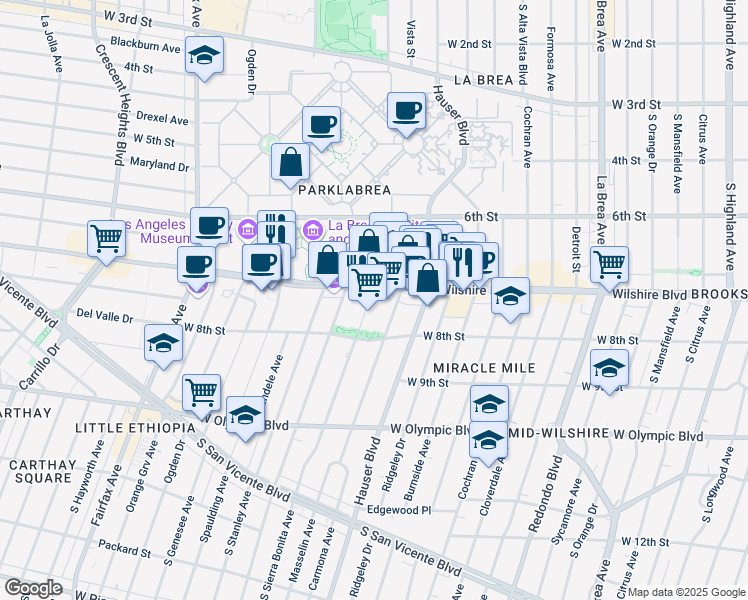 map of restaurants, bars, coffee shops, grocery stores, and more near 5700 Wilshire Boulevard in Los Angeles