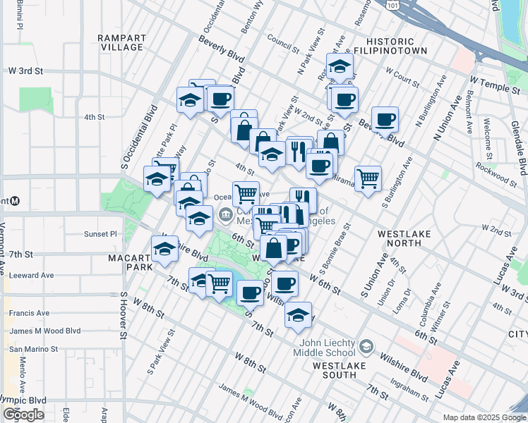 map of restaurants, bars, coffee shops, grocery stores, and more near 433 South Lake Street in Los Angeles