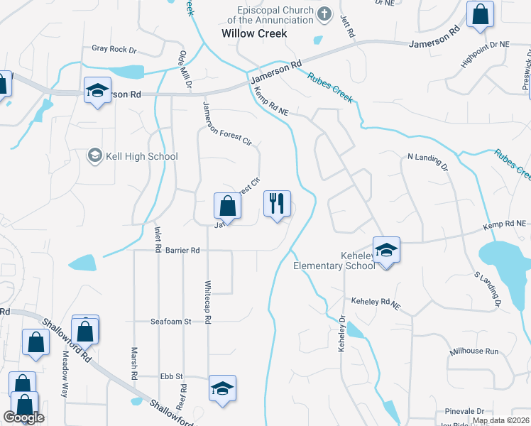 map of restaurants, bars, coffee shops, grocery stores, and more near 1556 Forest Bluff in Marietta